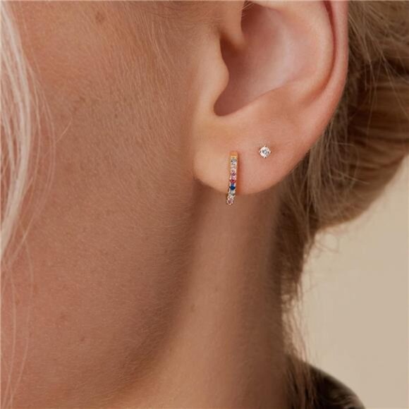 14K Gold Plated Sterling Silver Post Huggies | Cubic Zirconia Huggie - Picture 8 of 12